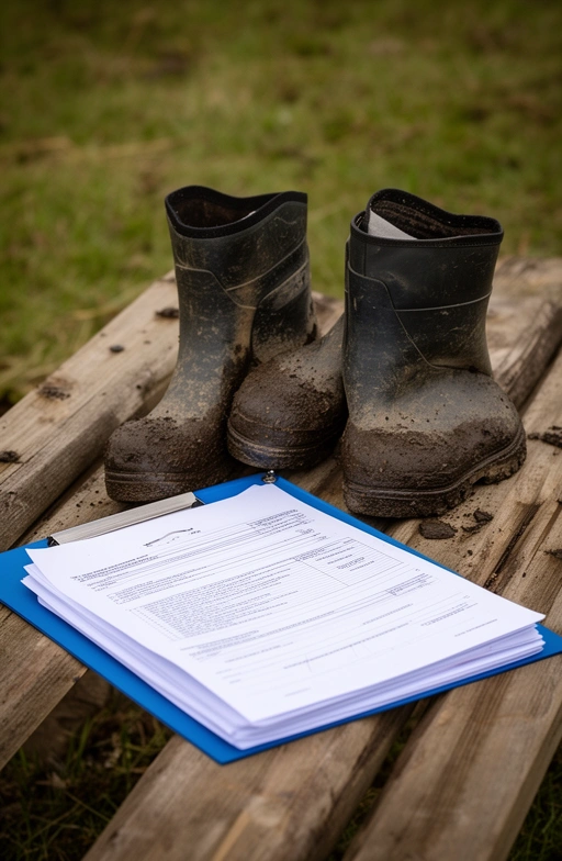 Botas de campo embarradas junto a una carpeta de contratos sobre un banco de madera