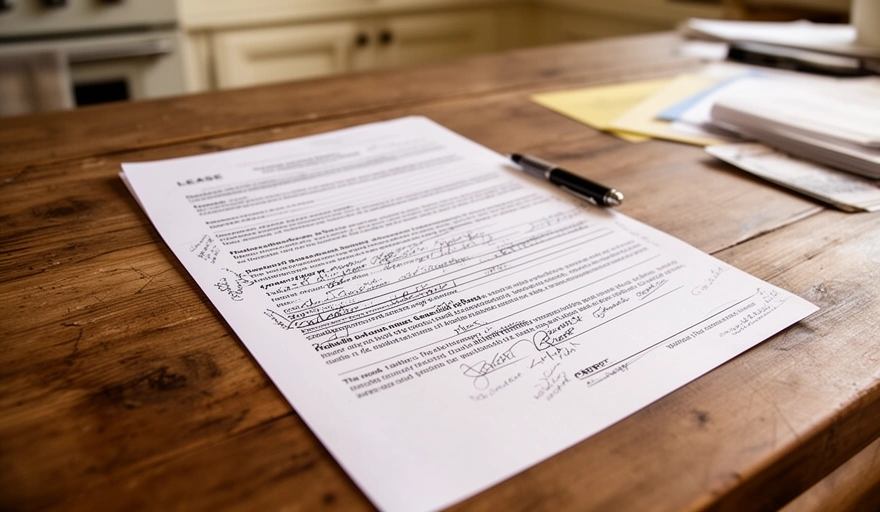 Contrato impreso con notas en lápiz sobre una mesa de cocina de campo