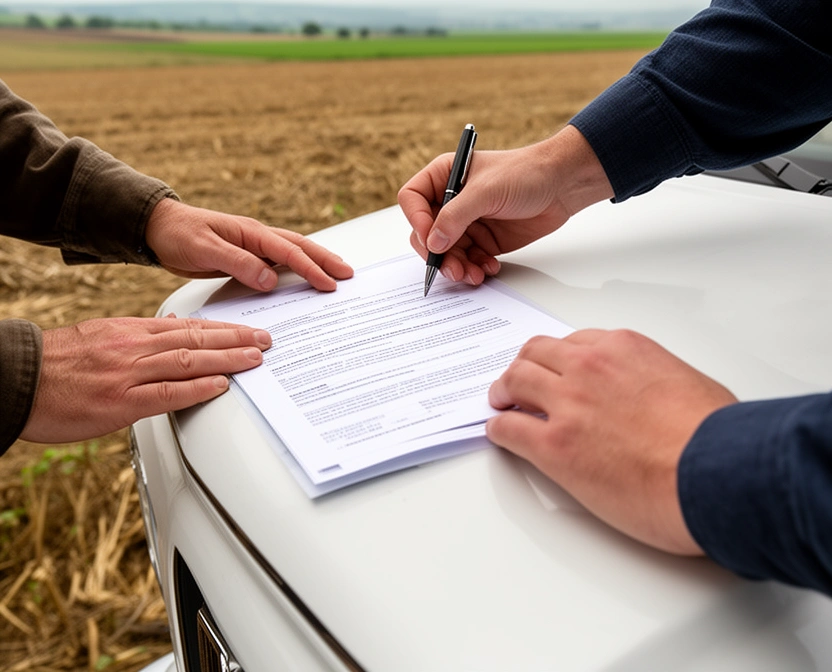Dos personas firmando un contrato apoyado sobre el capot de una camioneta en el campo