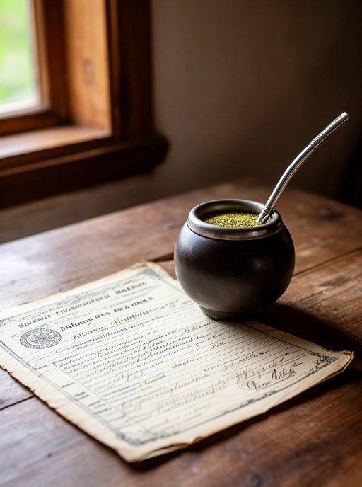 Mate y una escritura vieja sobre la mesa de una casa de campo