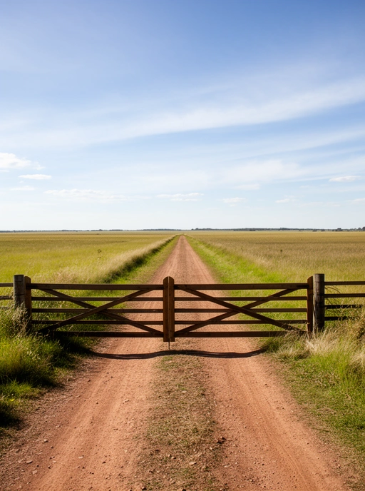 Tranquera abierta sobre un camino de tierra
